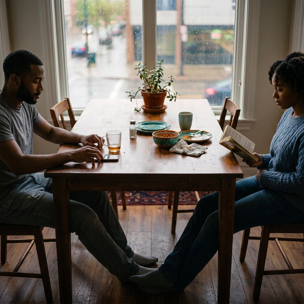 Two people sit at a table with coffee, dishes, a phone, and books by a rainy window